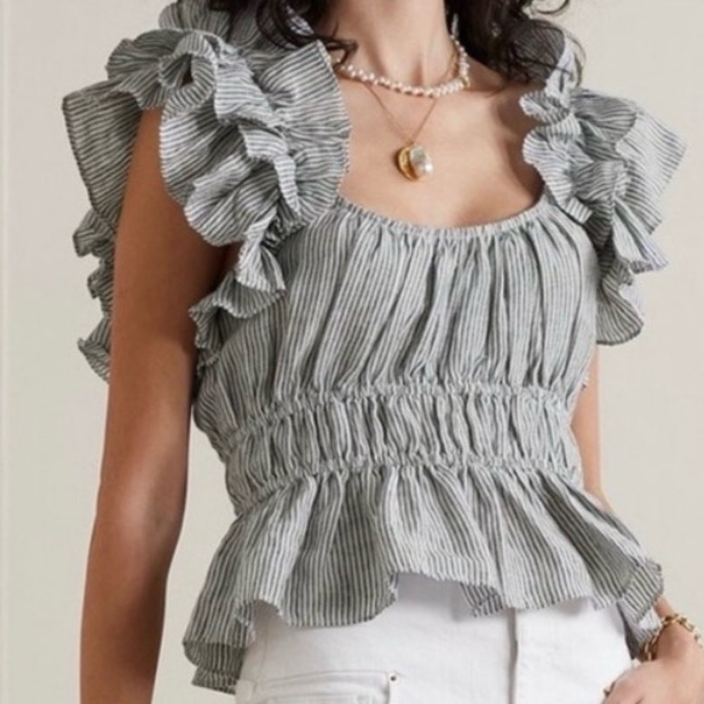 Ulla Johnson Paloma Stripe Ruffle-Sleeve Linen Top